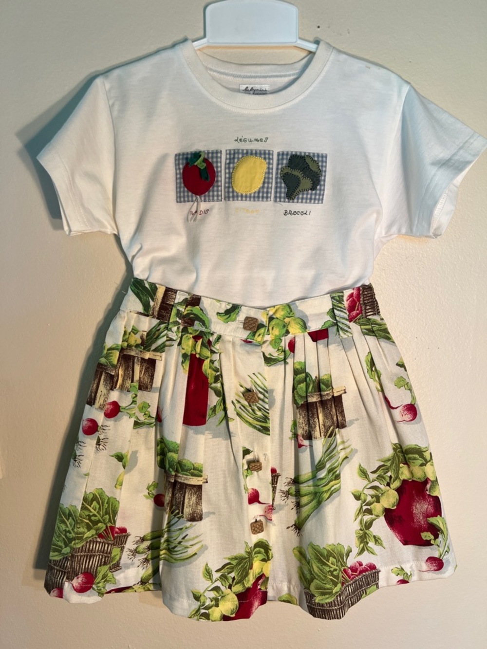 Vintage Catimini White Tee with 'Légumes' Embroidery and Garden Print Skirt.